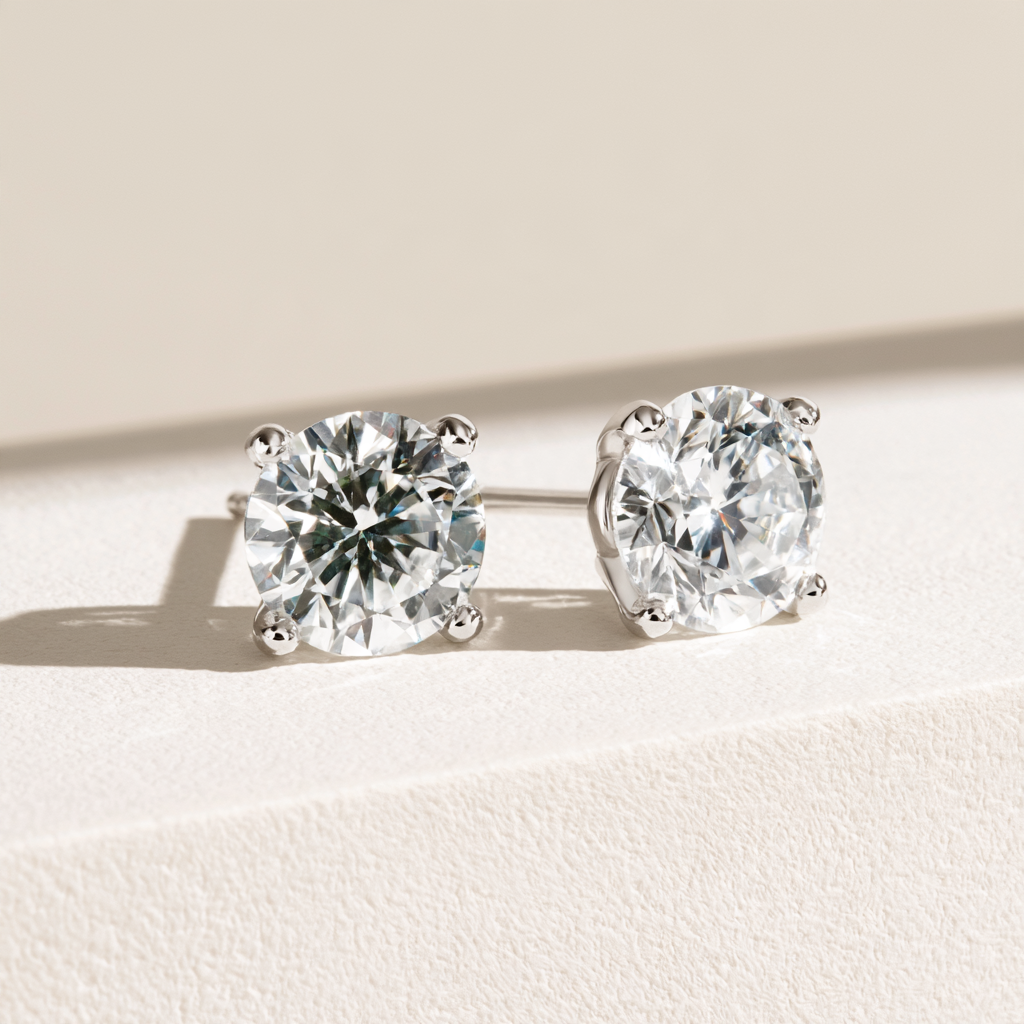A pair of round brilliant-cut diamond stud earrings in a silver four-prong setting, resting on a textured cream surface with soft shadows.