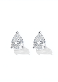 Pair of Pear Stud Earrings with clear pear-cut moissanite in silver three-claw settings.