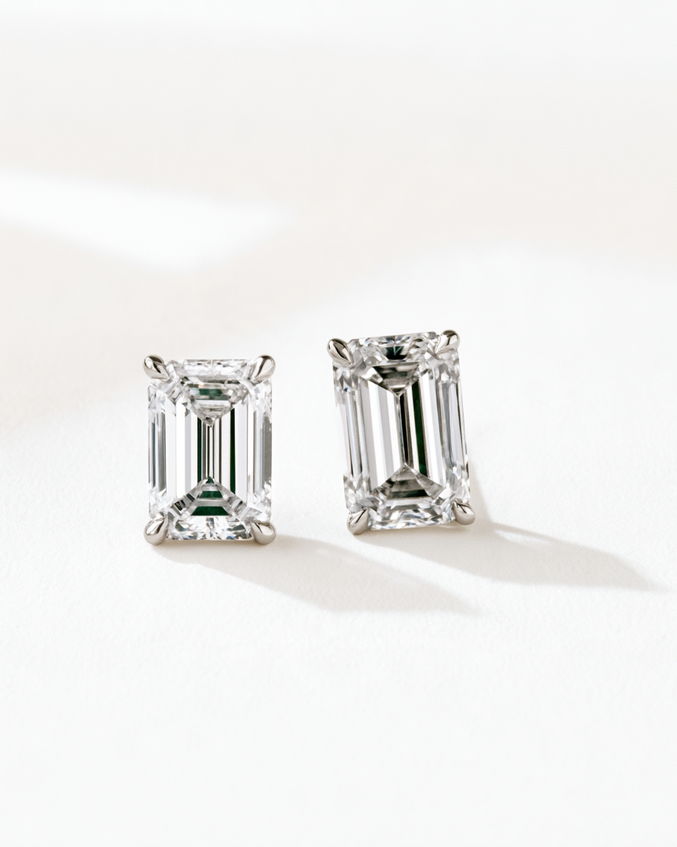 A pair of emerald-cut diamond stud earrings in silver-toned settings, displayed on a clean white surface with soft shadows.