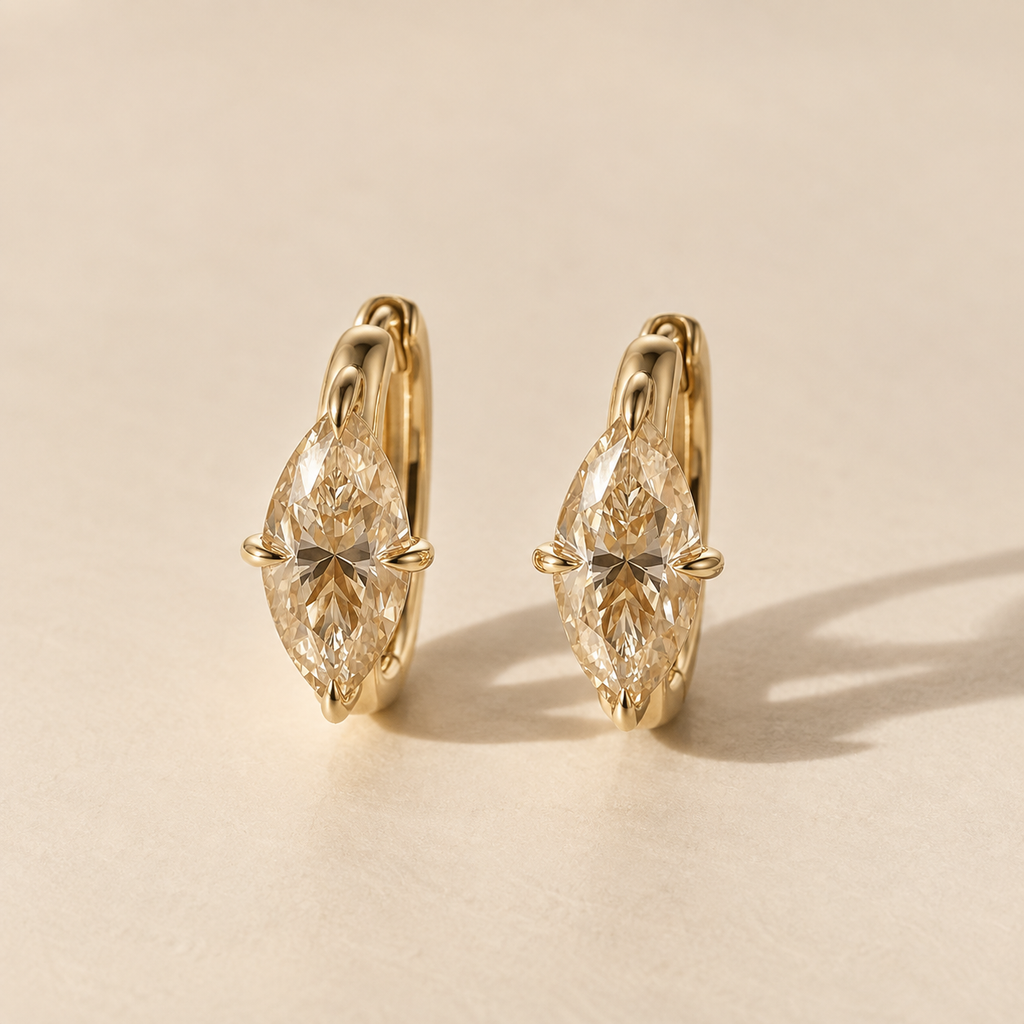 Champagne Marquise Huggies in yellow gold, pair