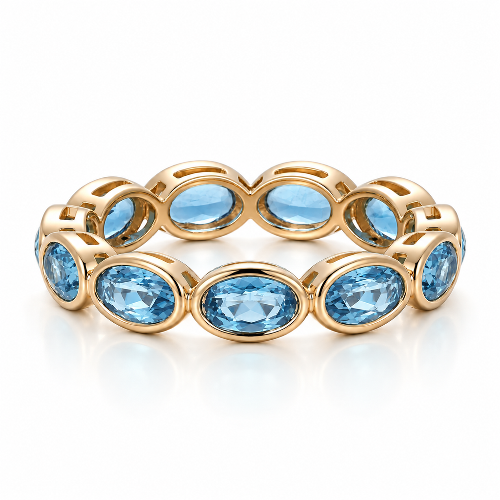 Oval Bezel Eternity Band in yellow gold with blue moissanite