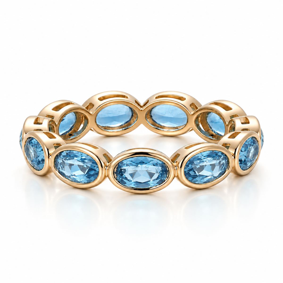 Oval Bezel Eternity Band in yellow gold with blue moissanite