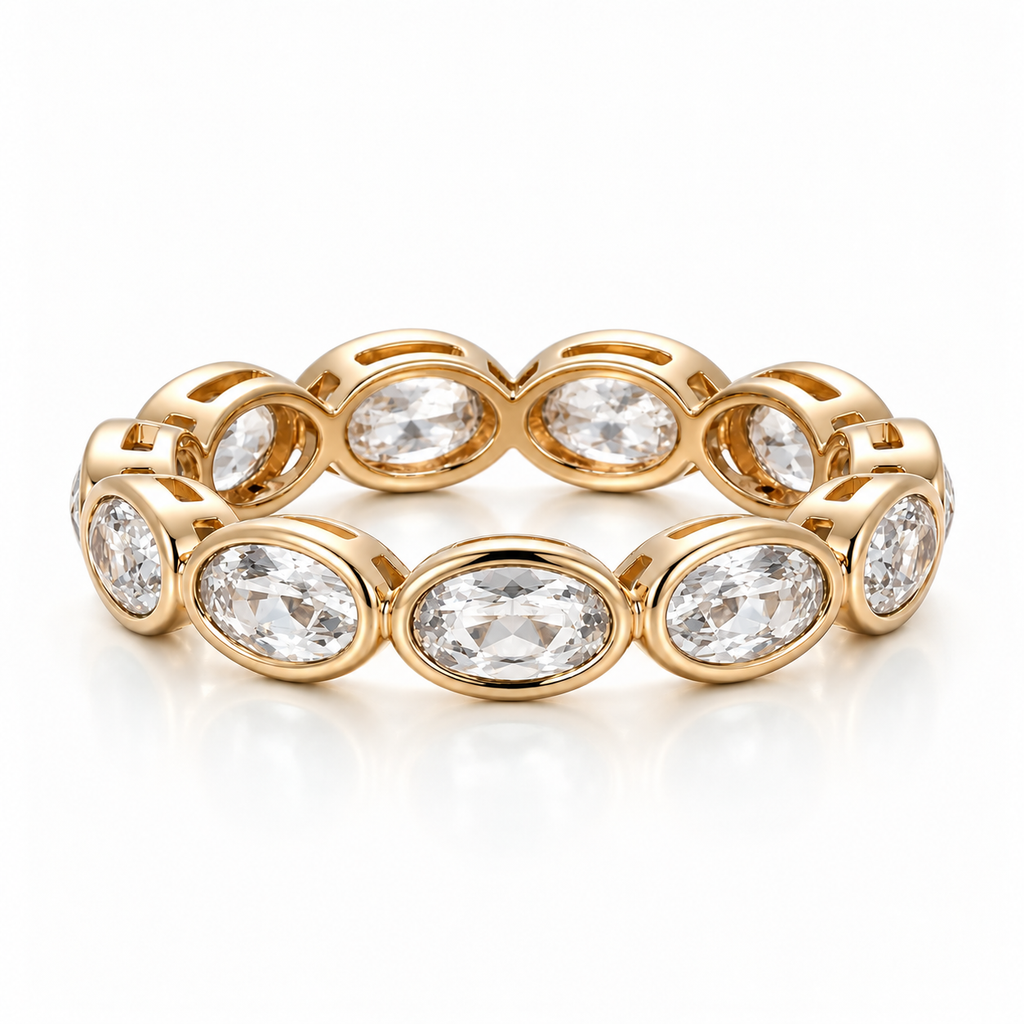 Oval Bezel Eternity Band in yellow gold with white moissanite