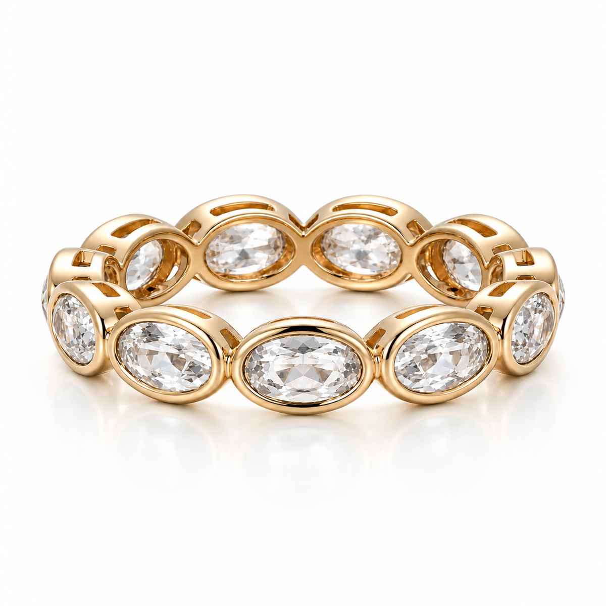 Oval Bezel Eternity Band in yellow gold with white moissanite