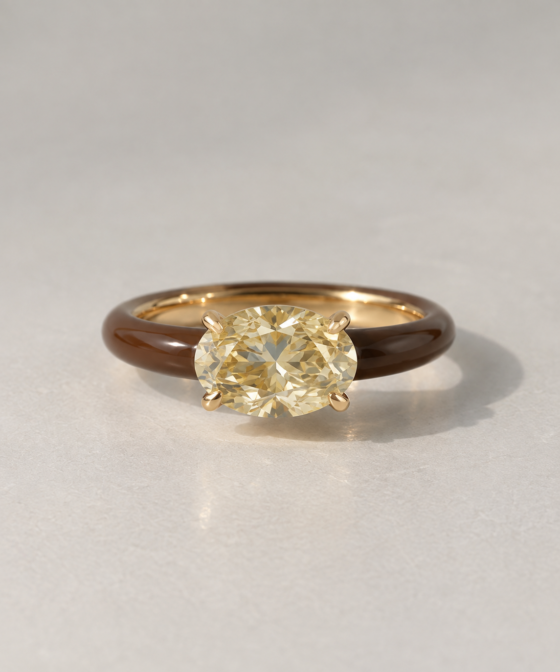 Oval Enamel Jelly Ring with champagne oval stone, Truffle enamel and yellow gold