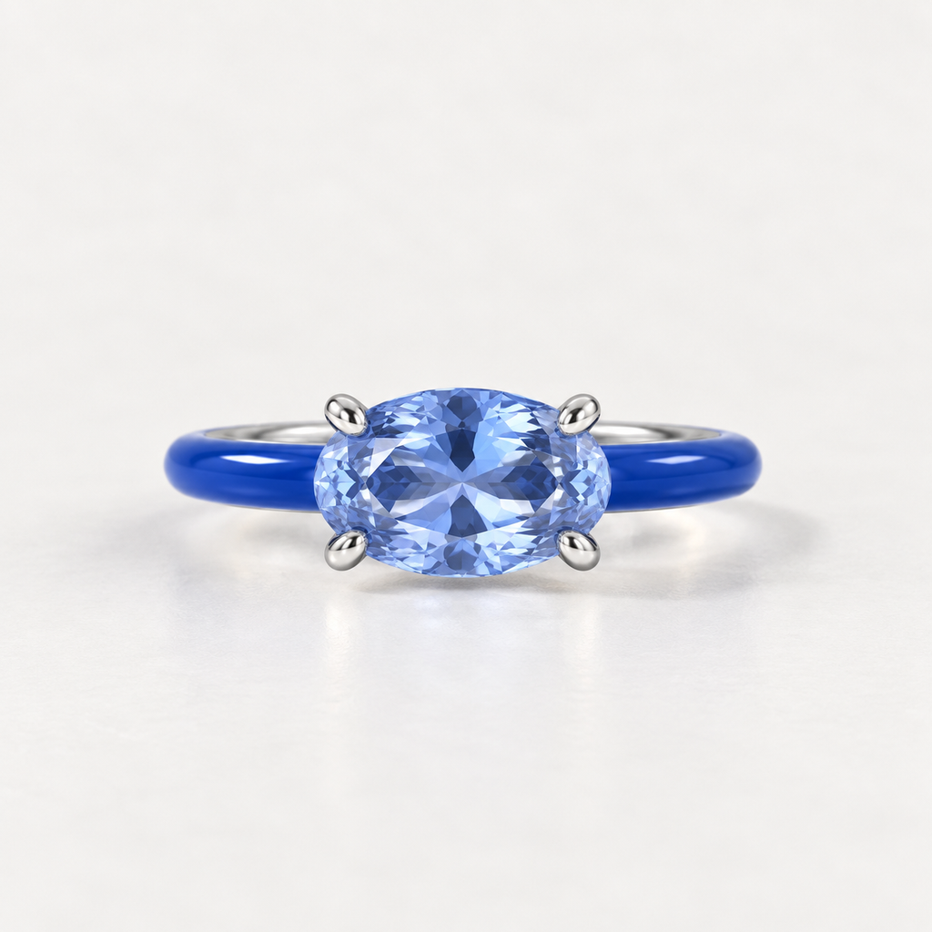 Oval Enamel Jelly Ring front view with cornflower blue stone, Cobalt enamel and sterling silver