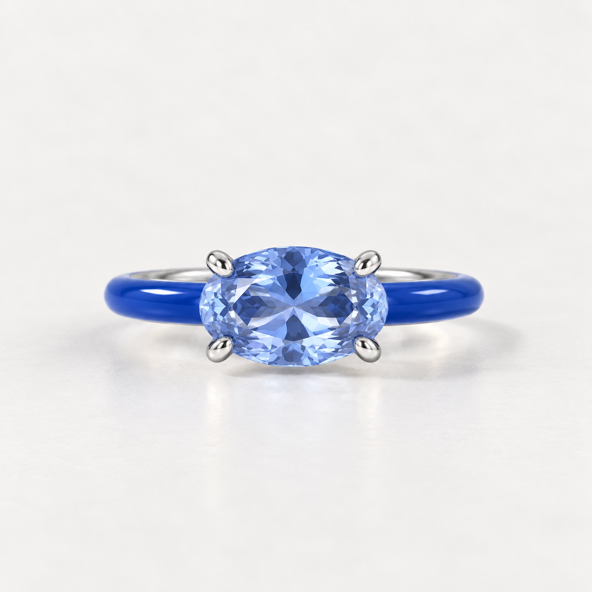 Oval Enamel Jelly Ring front view with cornflower blue stone, Cobalt enamel and sterling silver