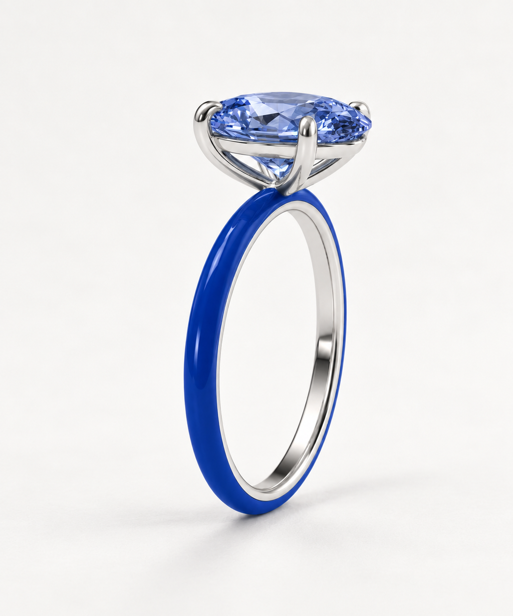 Oval Enamel Jelly Ring side view with cornflower blue stone, Cobalt enamel and sterling silver
