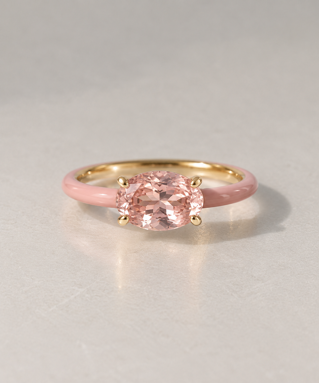 Oval Enamel Jelly Ring with pink morganite, Ballet enamel and yellow gold