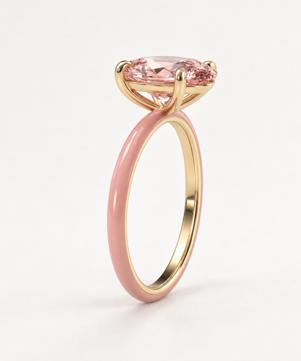 Oval Enamel Jelly Ring side view with pink morganite, Ballet enamel and yellow gold