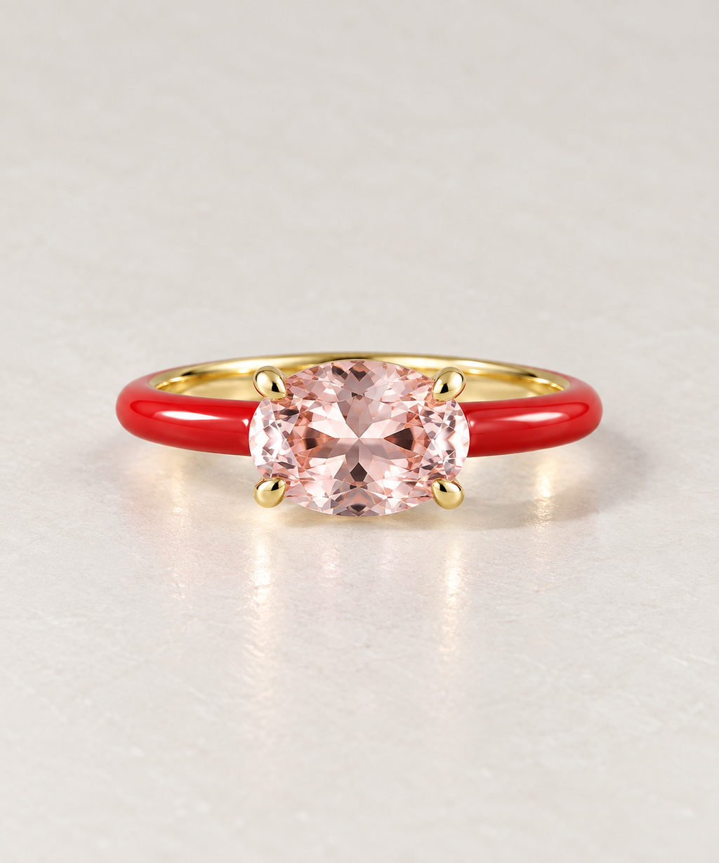 Oval Enamel Jelly Ring with pink morganite, Rouge enamel and yellow gold
