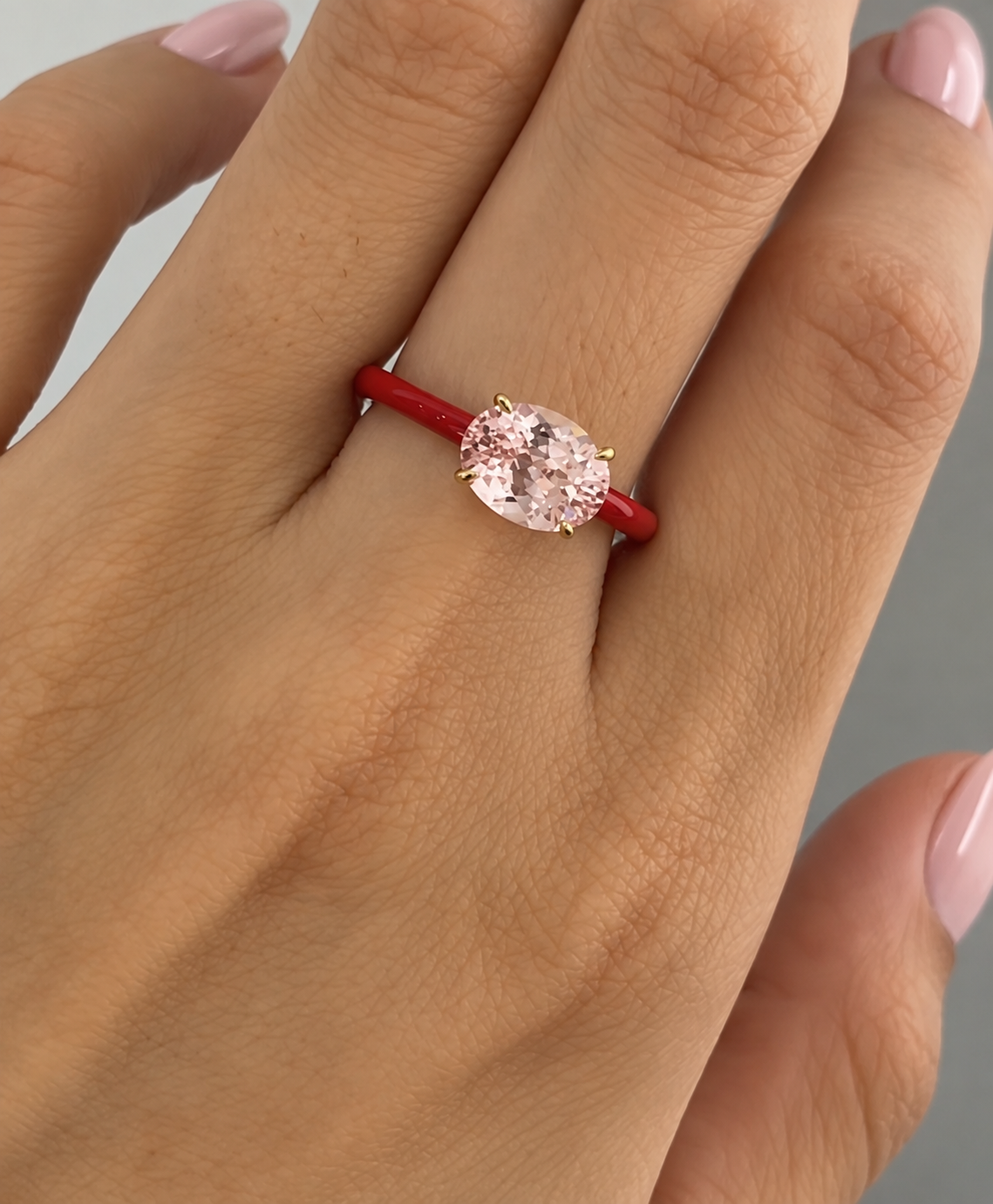 Oval Enamel Jelly Ring with pink morganite and Rouge enamel worn on hand