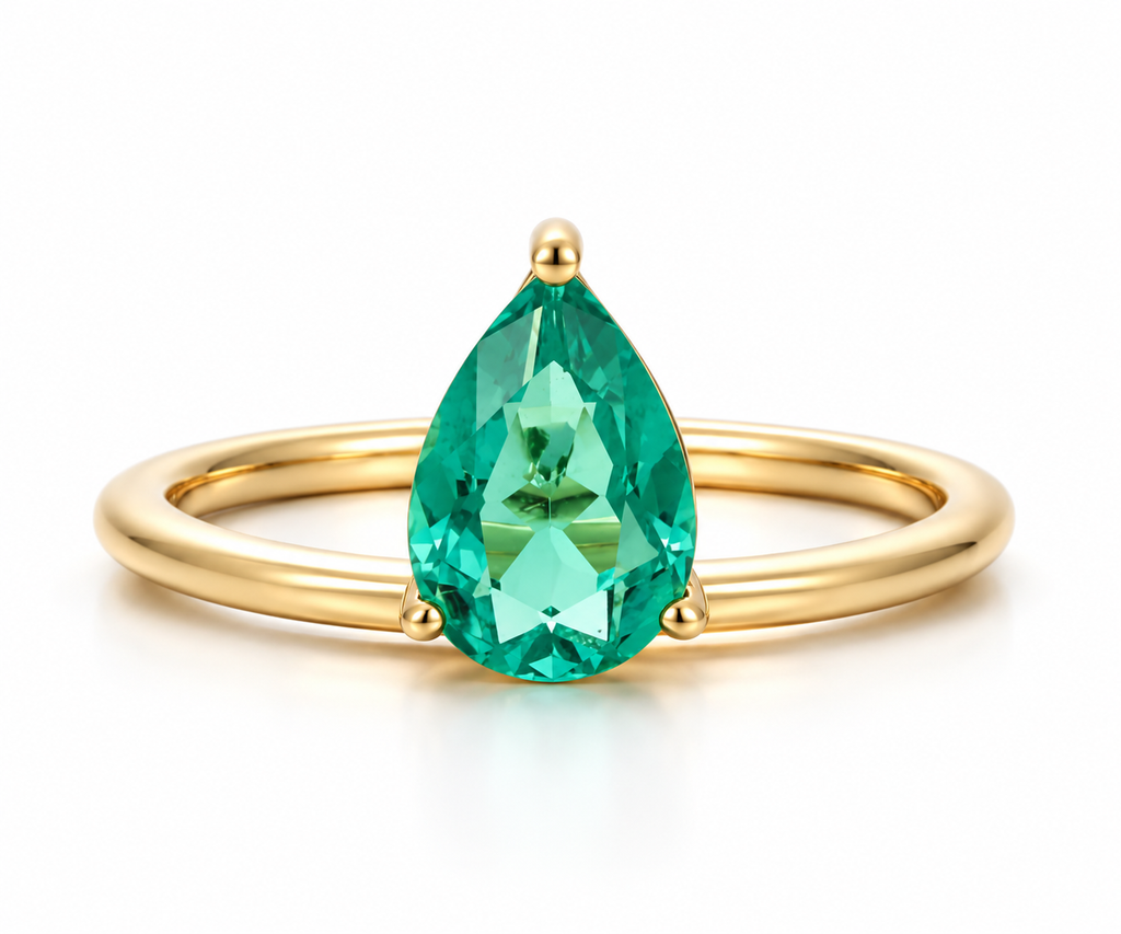 Pear Solitaire Ring in yellow gold with green moissanite, front view