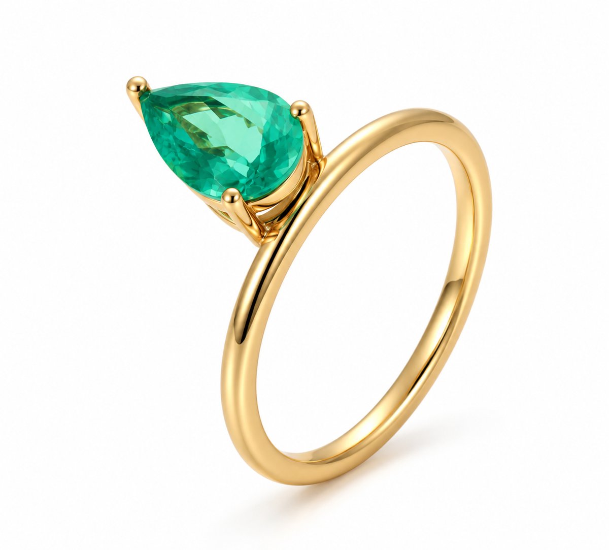 Pear Solitaire Ring in yellow gold with green moissanite, angled side view